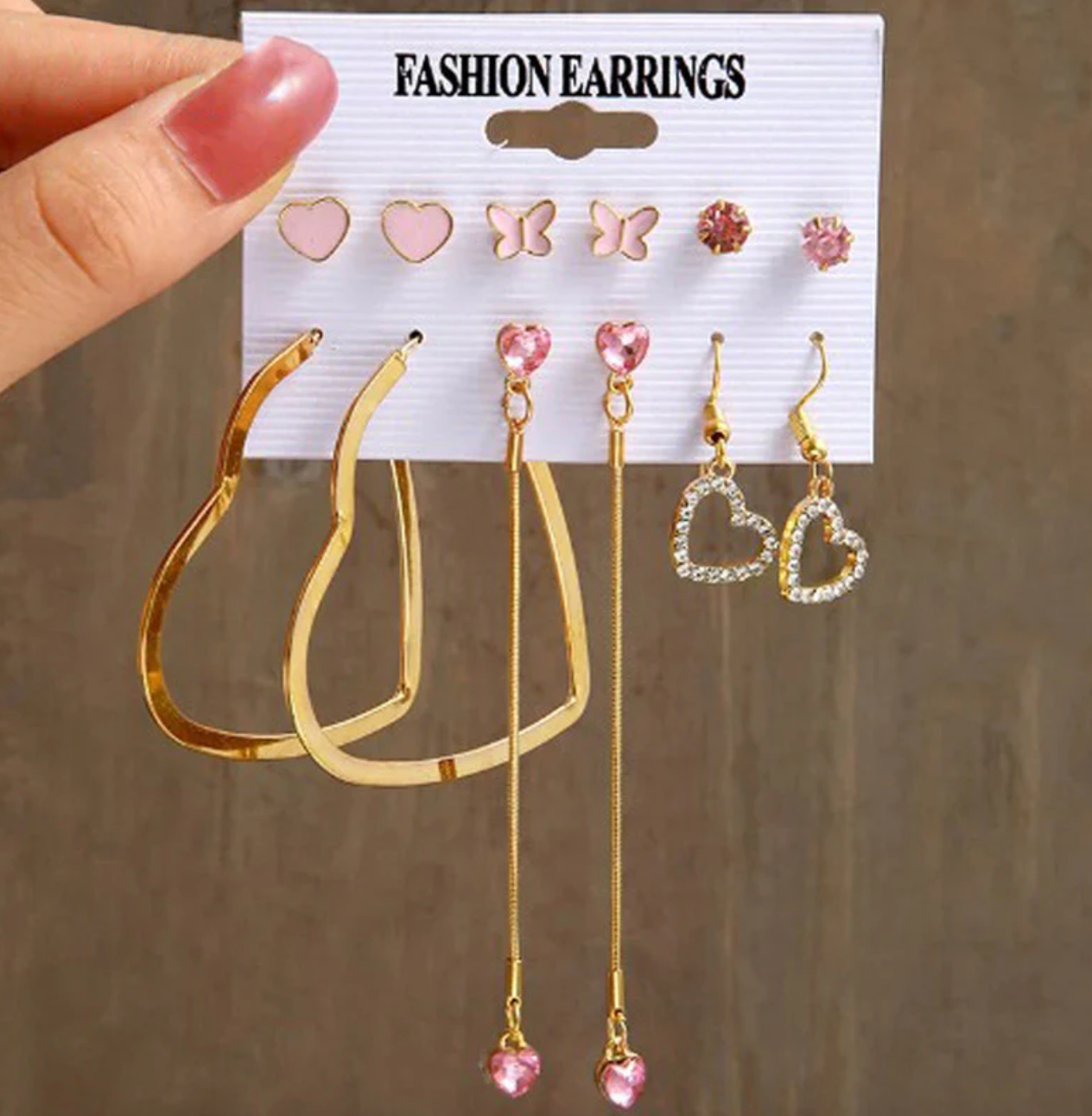 Gold Plated Heart inspired Pink and Gold Studs and Drop Earrings Combo of 6 For Women