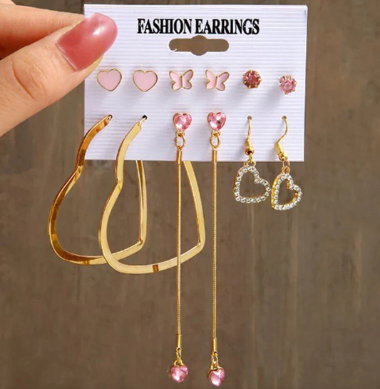 Gold Plated Heart inspired Pink and Gold Studs and Drop Earrings Combo of 6 For Women
