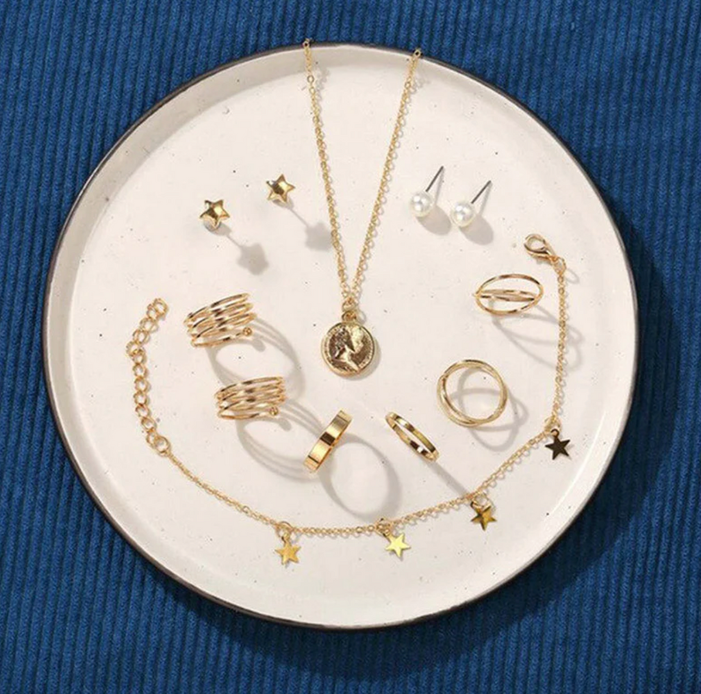 Pearl Gold Plated Earrings with Necklace and Beautiful Rings with Bracelet for Women
