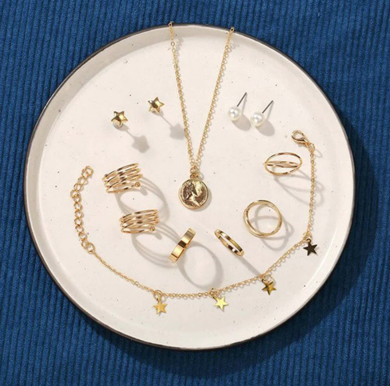 Pearl Gold Plated Earrings with Necklace and Beautiful Rings with Bracelet for Women