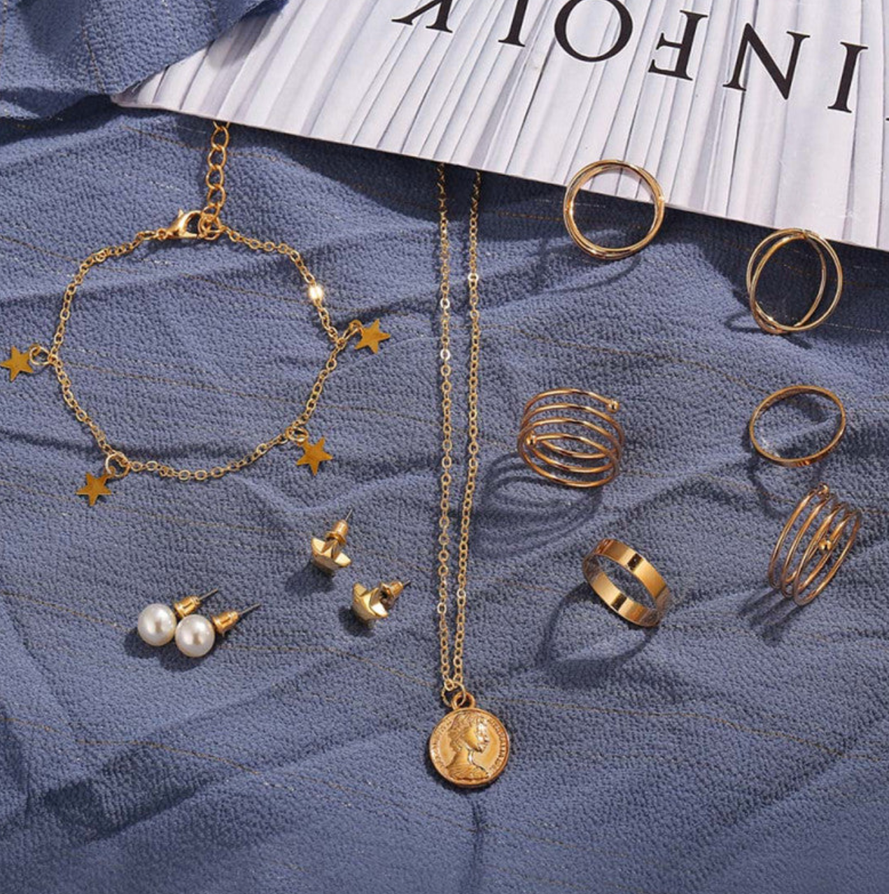 Pearl Gold Plated Earrings with Necklace and Beautiful Rings with Bracelet for Women