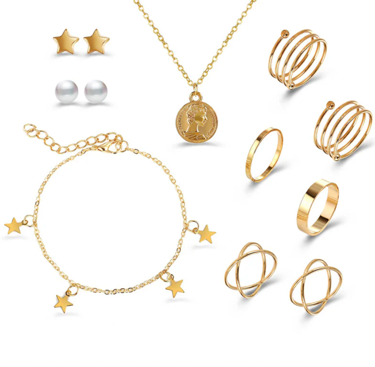 Pearl Gold Plated Earrings with Necklace and Beautiful Rings with Bracelet for Women