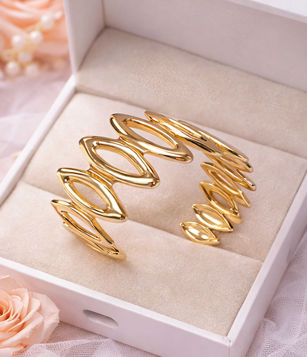 Gold Finish Wave Link Open Cuff Bracelet for Women | Anti-Tarnish Statement Bracelet