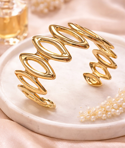 Gold Finish Wave Link Open Cuff Bracelet for Women | Anti-Tarnish Statement Bracelet