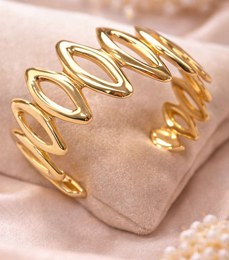 Gold Finish Wave Link Open Cuff Bracelet for Women | Anti-Tarnish Statement Bracelet