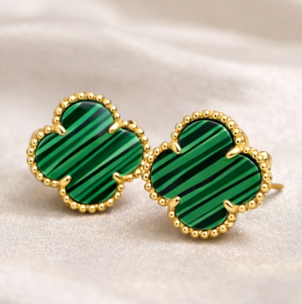 Green Striped Clover Stud Earrings for Women