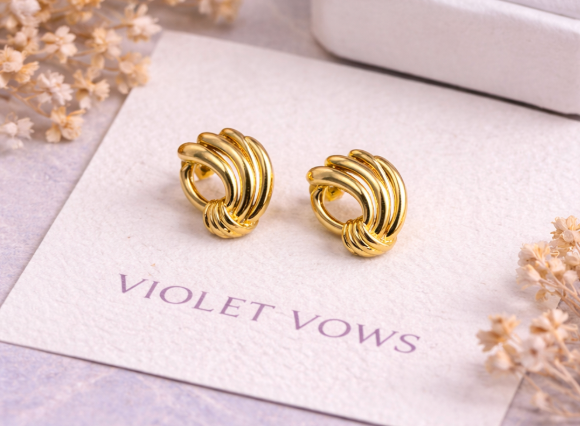 Gold Striped Round Statement Stud Earrings for Women
