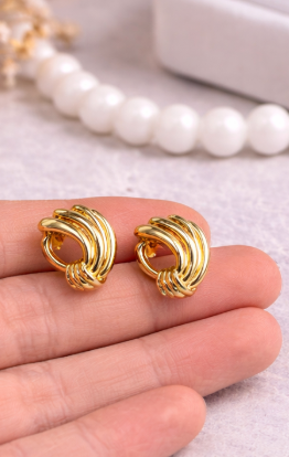 Gold Striped Round Statement Stud Earrings for Women