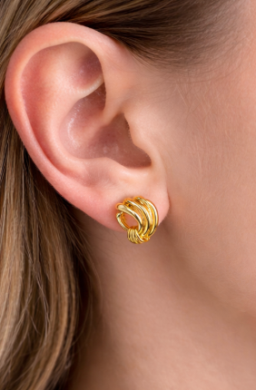 Gold Striped Round Statement Stud Earrings for Women