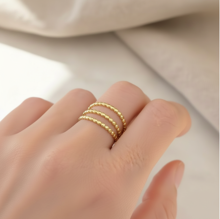 Gold Triple Beaded Band Stacking Ring Set