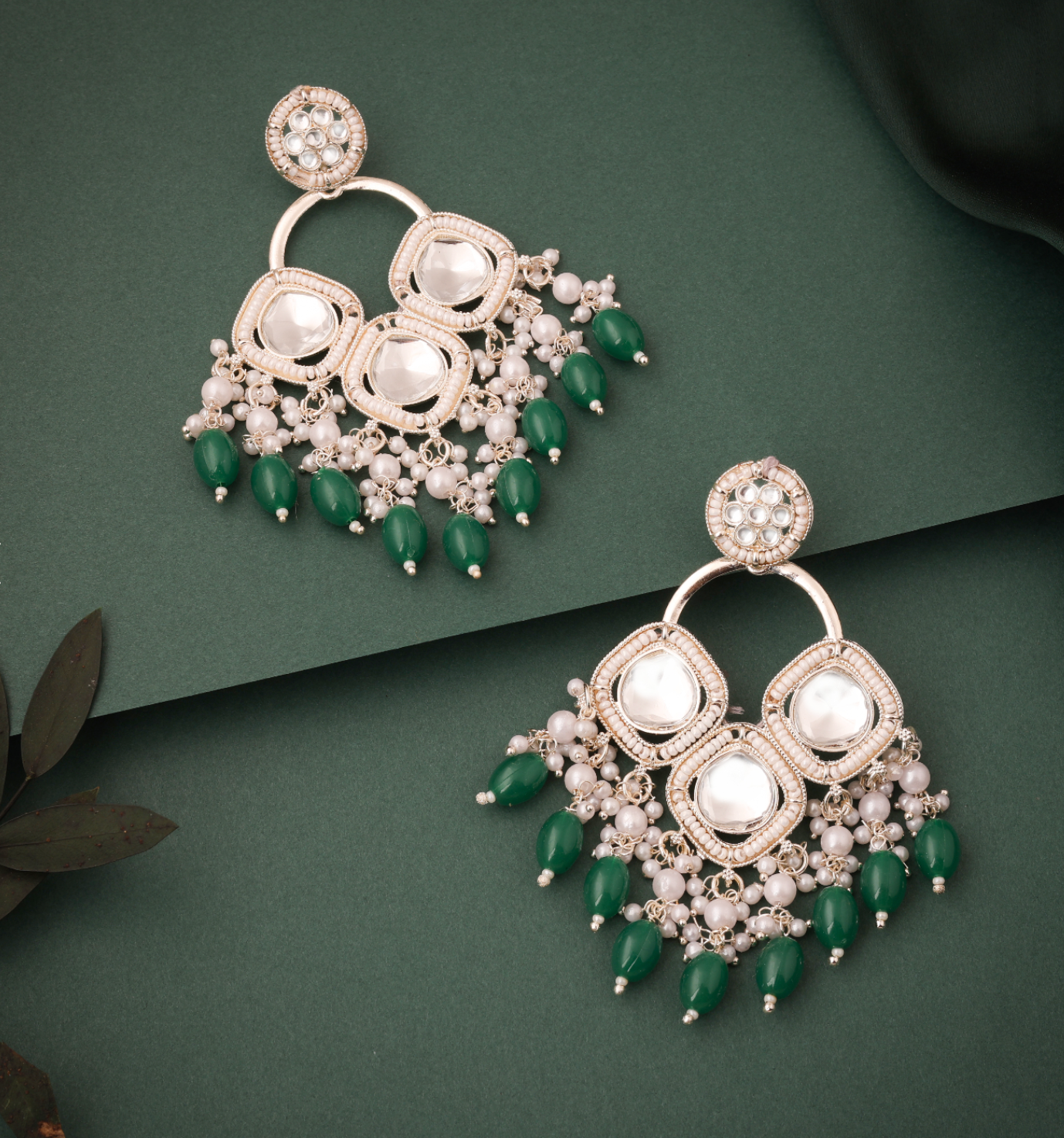 Hunar - White Gold Plated Earrings - Green
