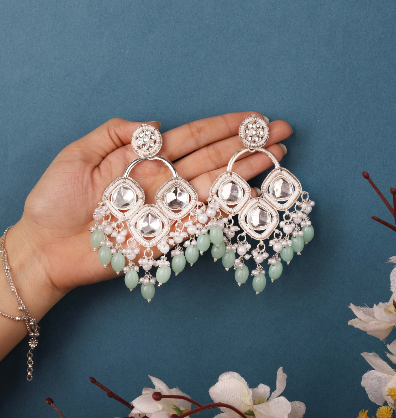 Hunar - White Gold Plated Earrings - Sea Green