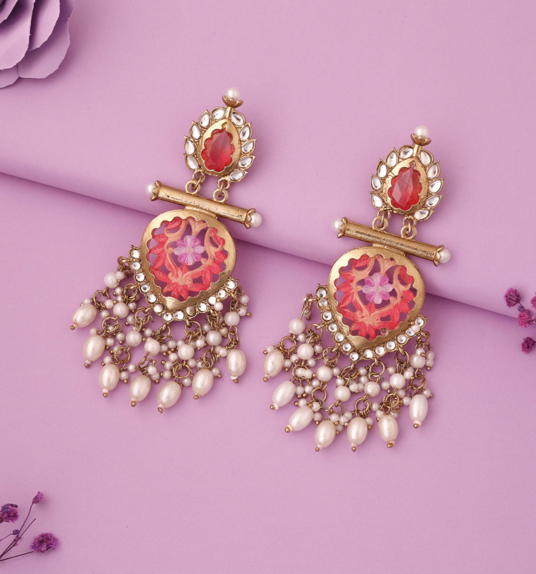 Zalima - Kundan-Studded Long Dangle Earring - Pink