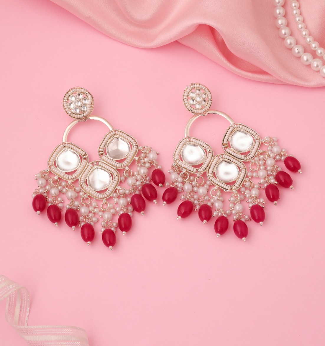 Hunar - White Gold Plated Earrings - Red