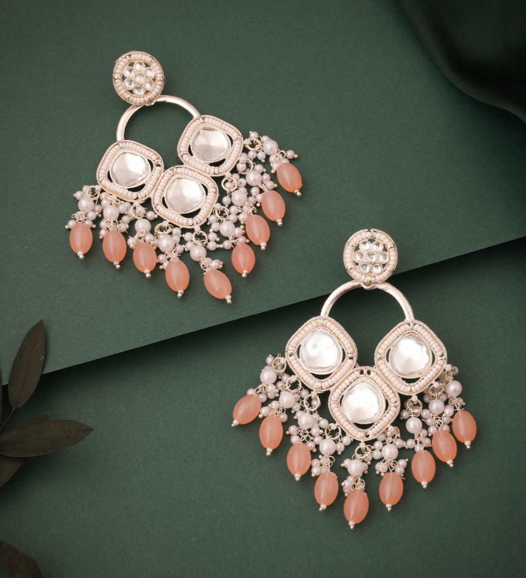 Hunar - White Gold Plated Earrings - Peach