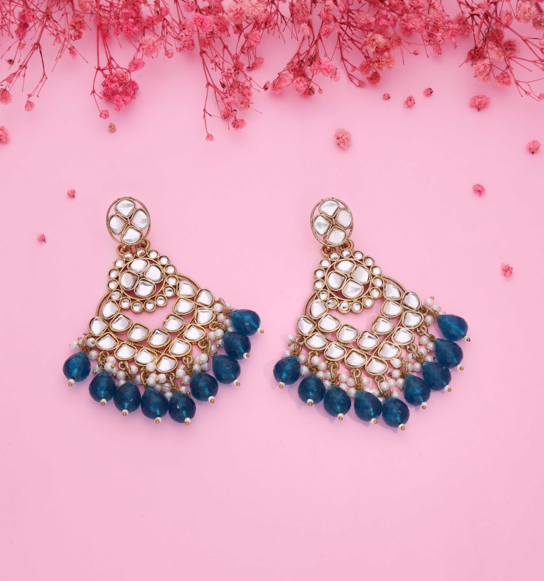 Hum - Jhumka Earrings with Kundan & Pearl - Blue