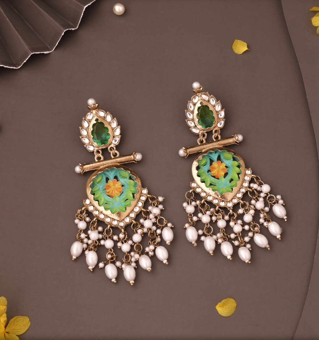 Zalima - Kundan-Studded Long Dangle Earring - Light Green