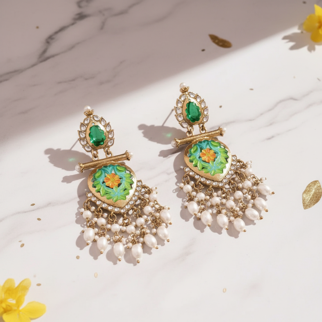 Zalima - Kundan-Studded Long Dangle Earring - Light Green