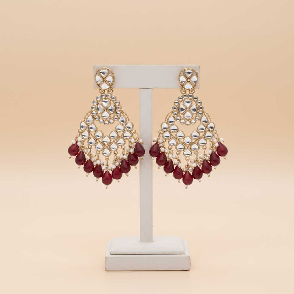 Hum - Jhumka Earrings with Kundan & Pearl - Red