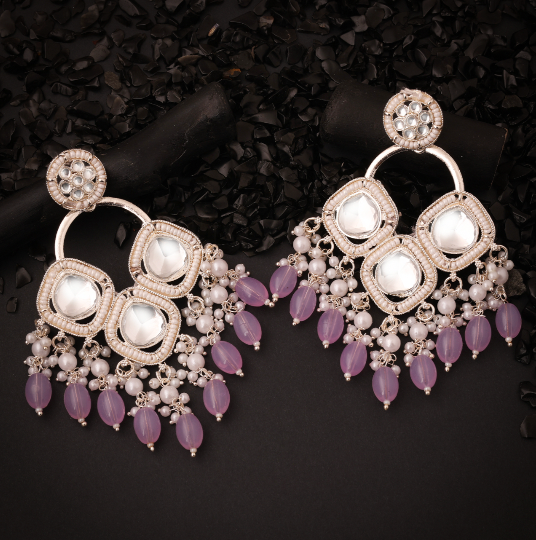 Hunar - White Gold Plated Earrings - Purple