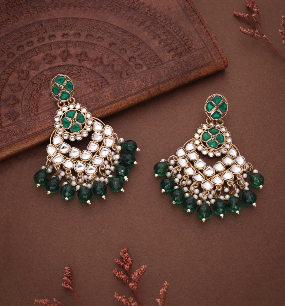 Hum - Jhumka Earrings with Kundan & Pearl - Green