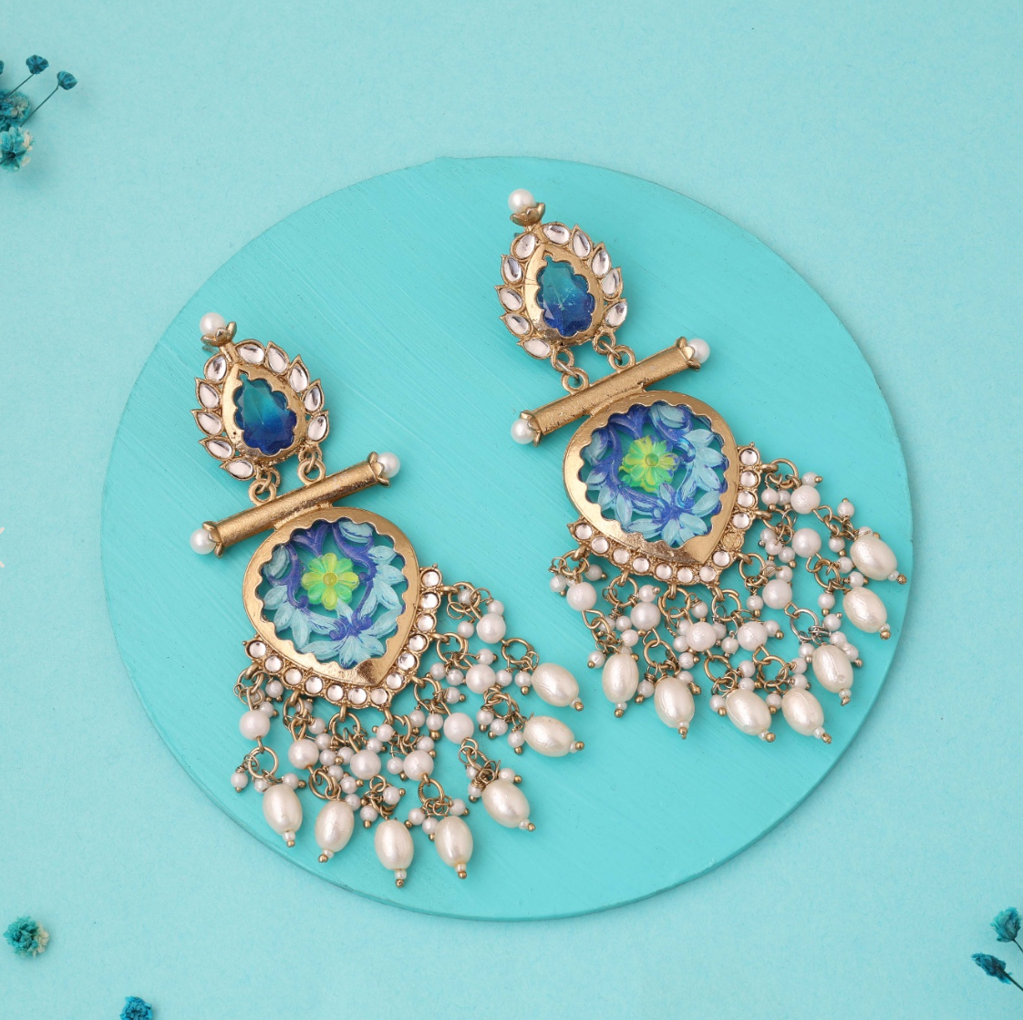 Zalima - Kundan-Studded Long Dangle Earring - Light Blue