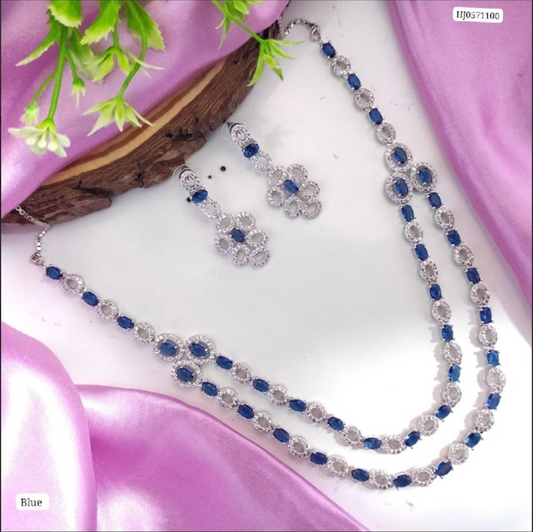 Double layered American Diamond Necklace - Blue