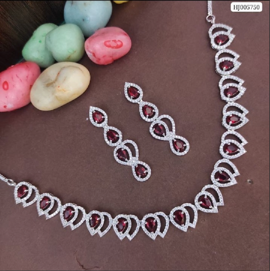 American Diamond Studded Necklace Jewellery Set with Earrings - Red