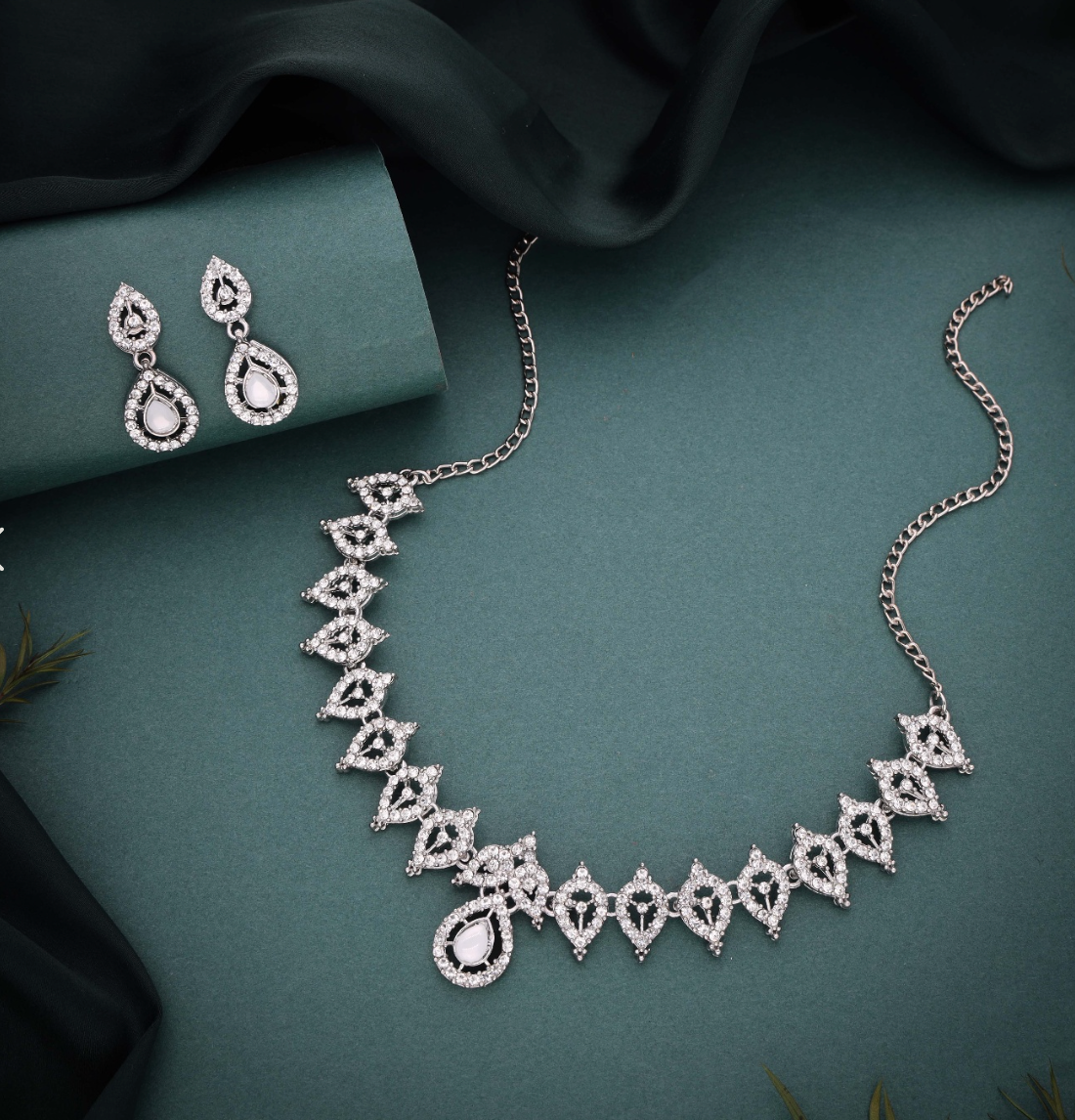 Almond - Silver-Plated Handcrafted AD Studded Choker Jewellery Set