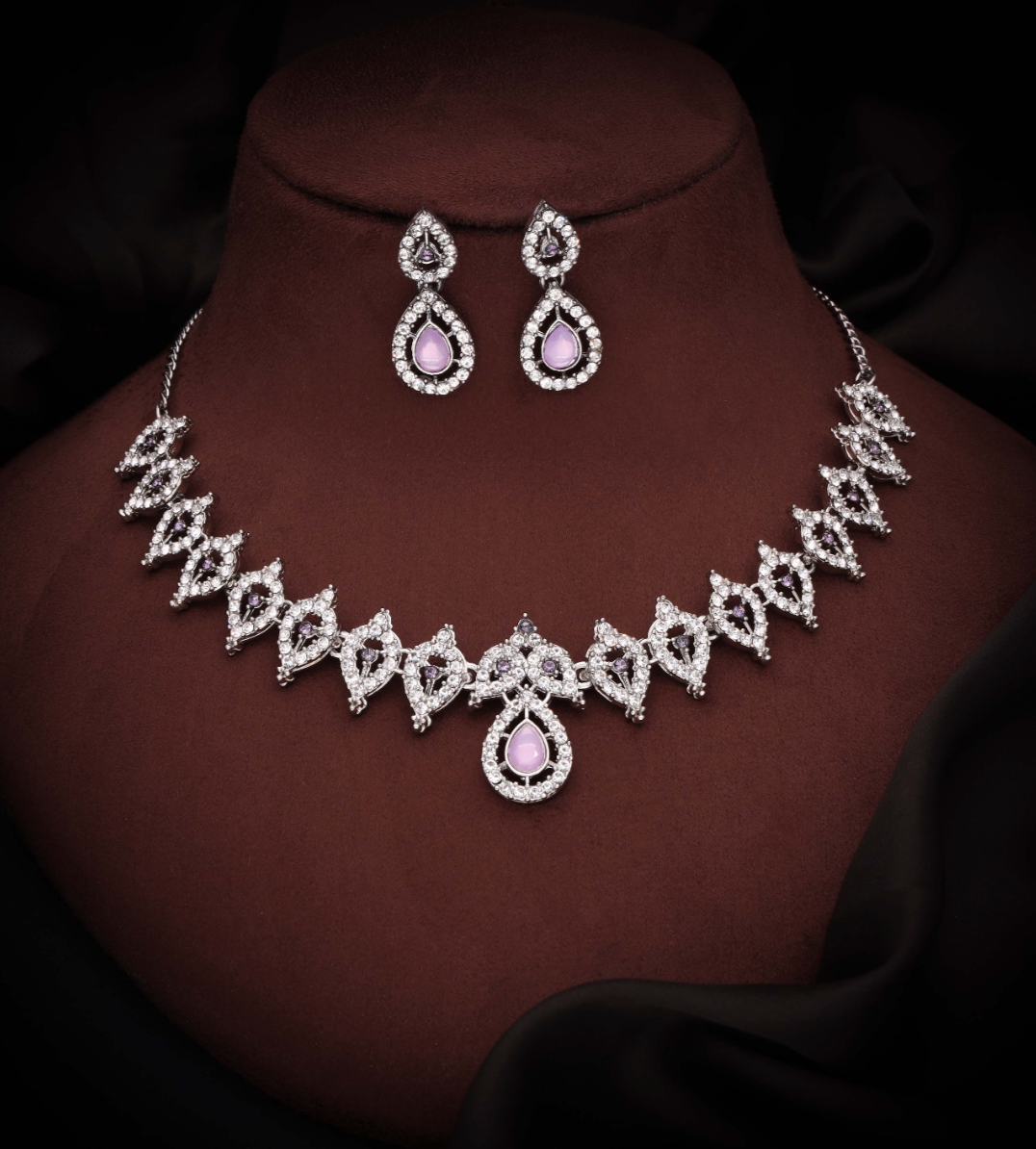 Almond - Silver-Plated Handcrafted AD Studded Choker Jewellery Set