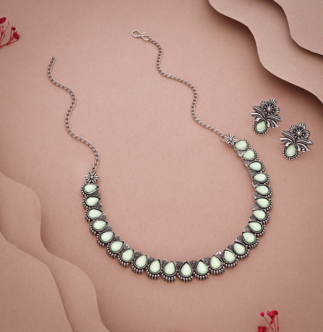 Nitya - Delicate Stone Silver-Toned Necklace Set: A Touch of Glamour