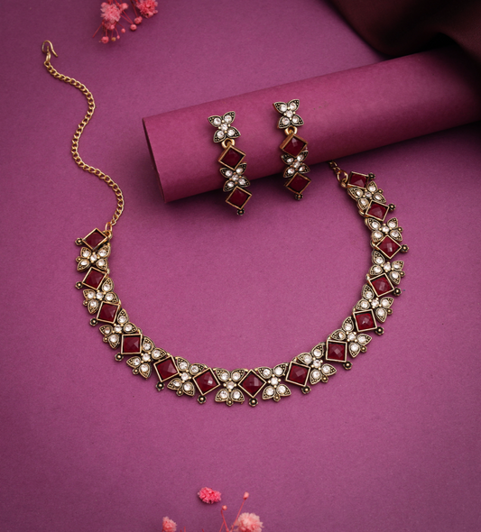 Gold Plated Stone Studded American Diamond Necklace Set.