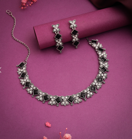 Gold Plated Stone Studded American Diamond Necklace Set - Black