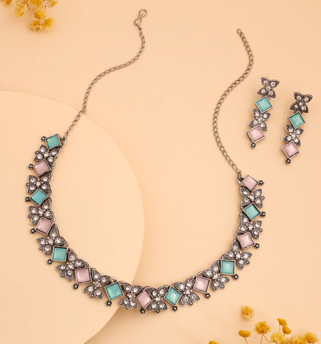 Gold Plated Stone Studded American Diamond Necklace Set.