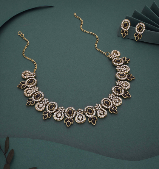 Lohri - Rhodium Plated Zircons Studded Contemporary Party Wear Necklace Set - Black