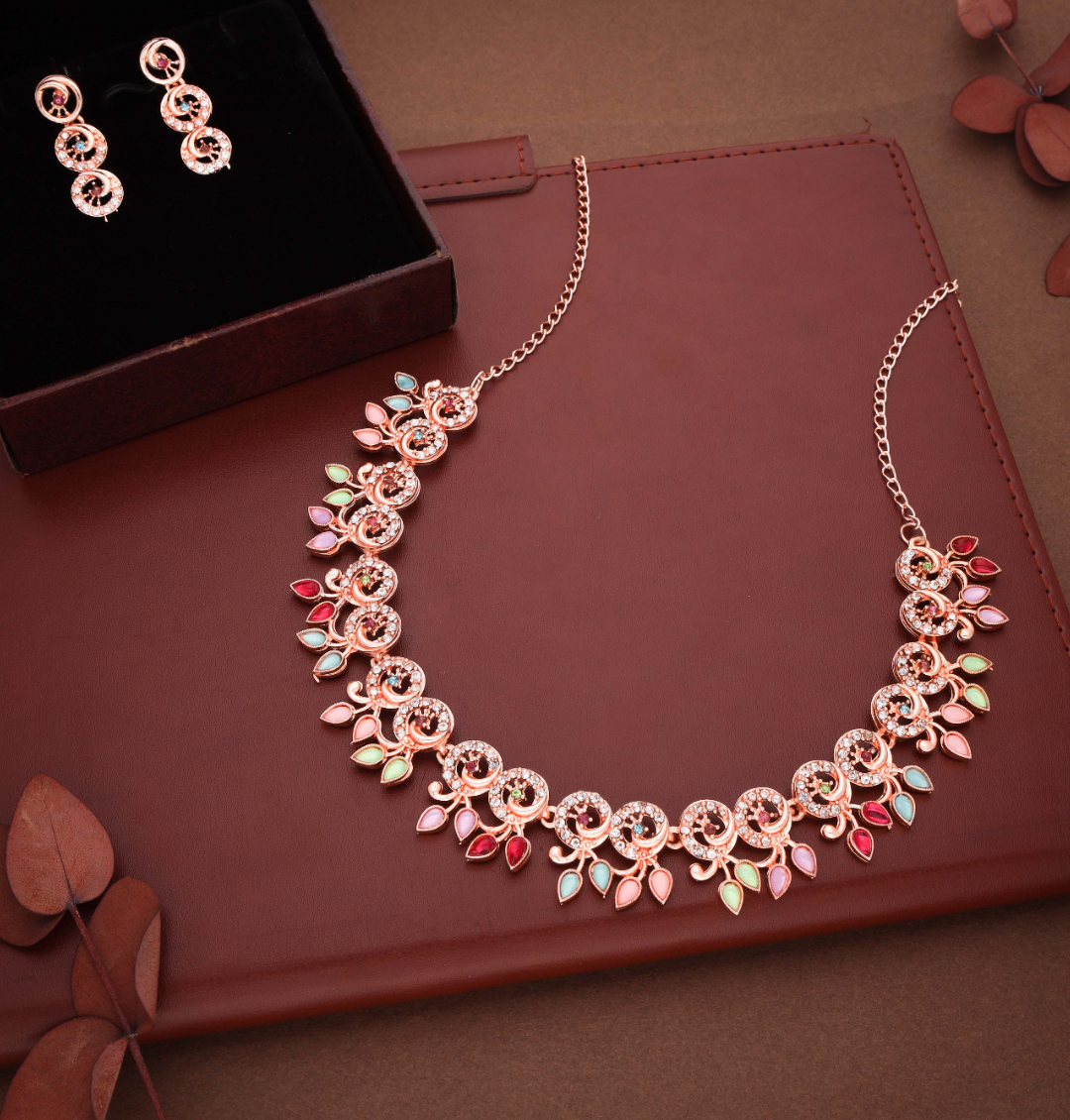 Geet - Elegant Silver-Plated Floral Design Necklace Set