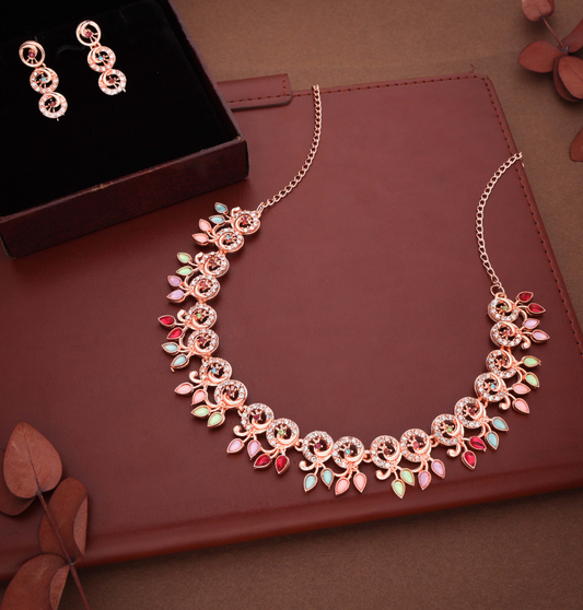 Geet - Elegant Silver-Plated Floral Design Necklace Set - Multicolor