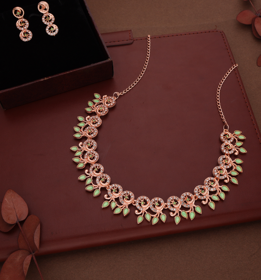 Geet - Elegant Silver-Plated Floral Design Necklace Set - Sea Green