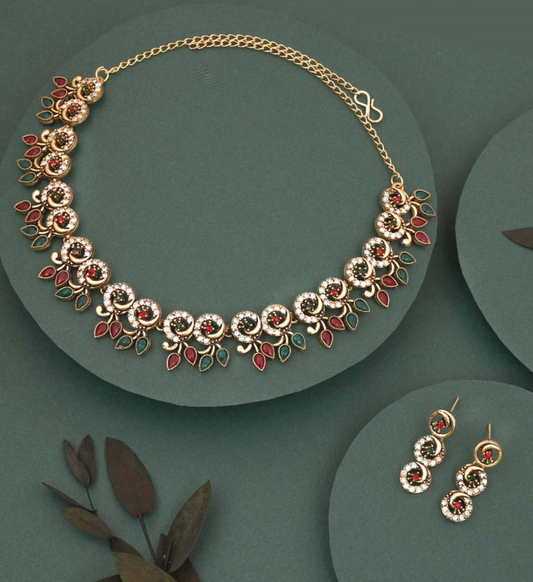 Geet - Elegant Silver-Plated Floral Design Necklace Set - Red and Mehndi