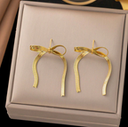 Gold Plated Anti Tarnish Bow Themed Drop Earrings