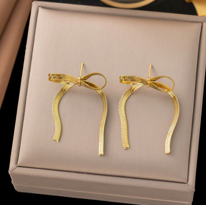 Gold Plated Anti Tarnish Bow Themed Drop Earrings