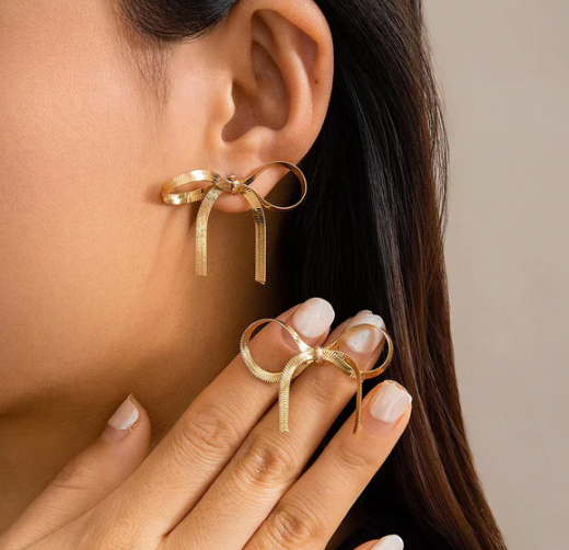 Gold Plated Anti Tarnish Bow Themed Drop Earrings