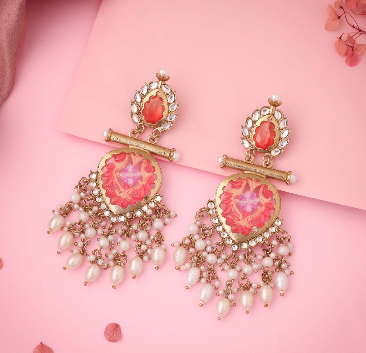 Zalima - Kundan-Studded Long Dangle Earring - Pink
