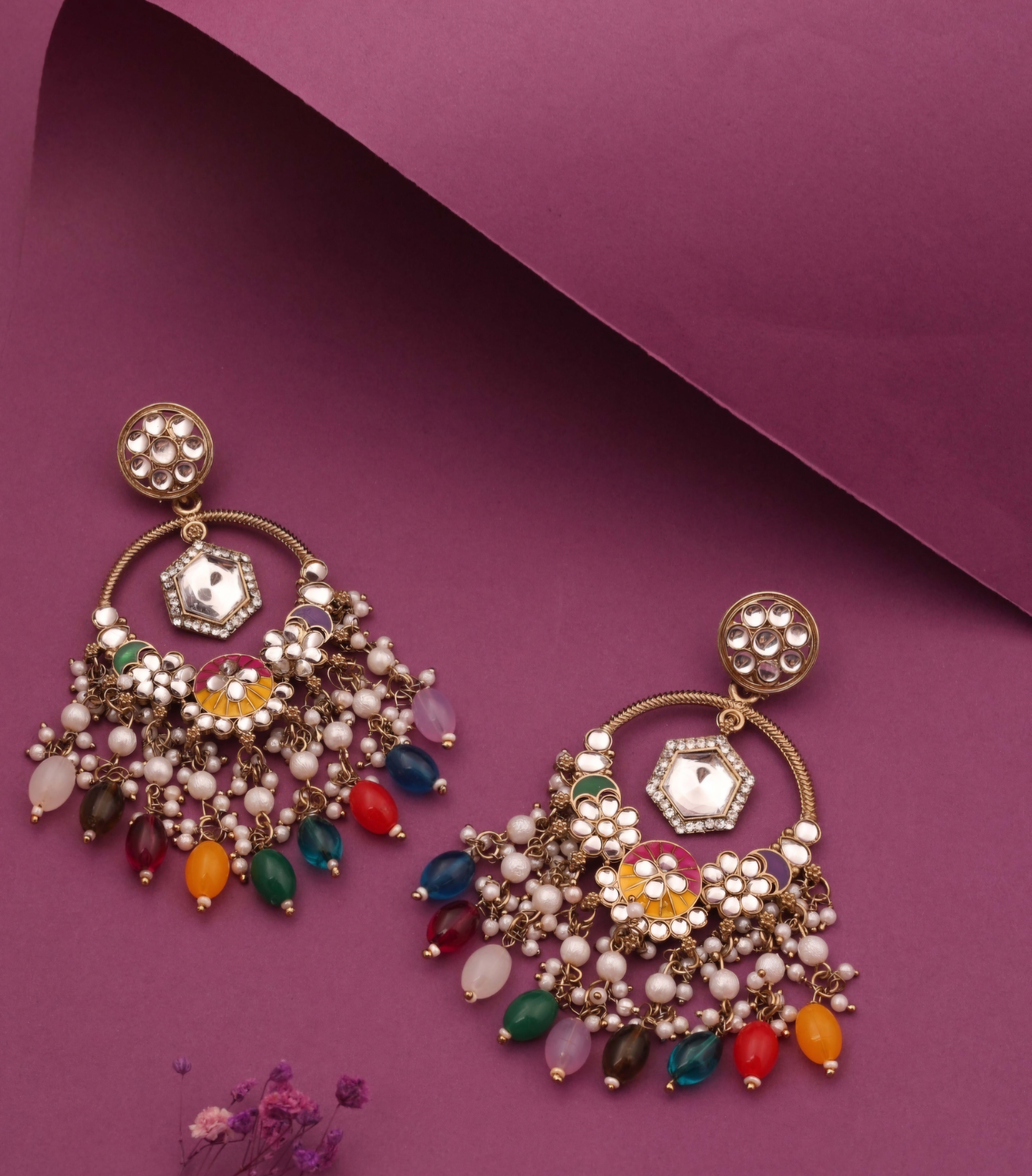 Daman : Gold Plated Kundan Drop Earrings - Multicolor