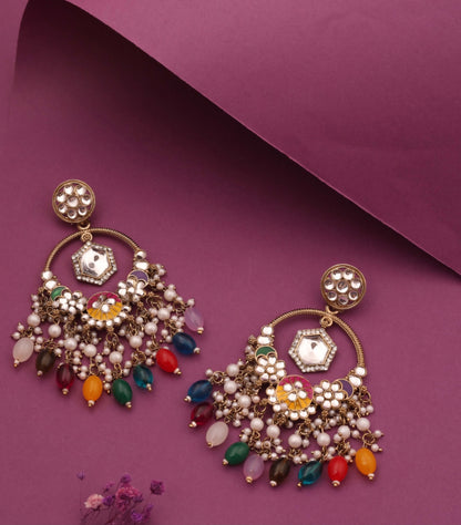 Daman : Gold Plated Kundan Drop Earrings - Multicolor