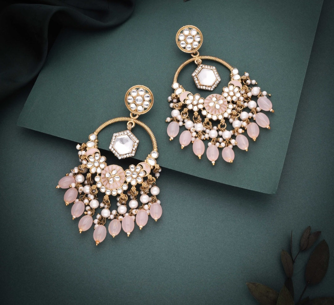 Daman : Gold Plated Kundan Drop Earrings  - Pink