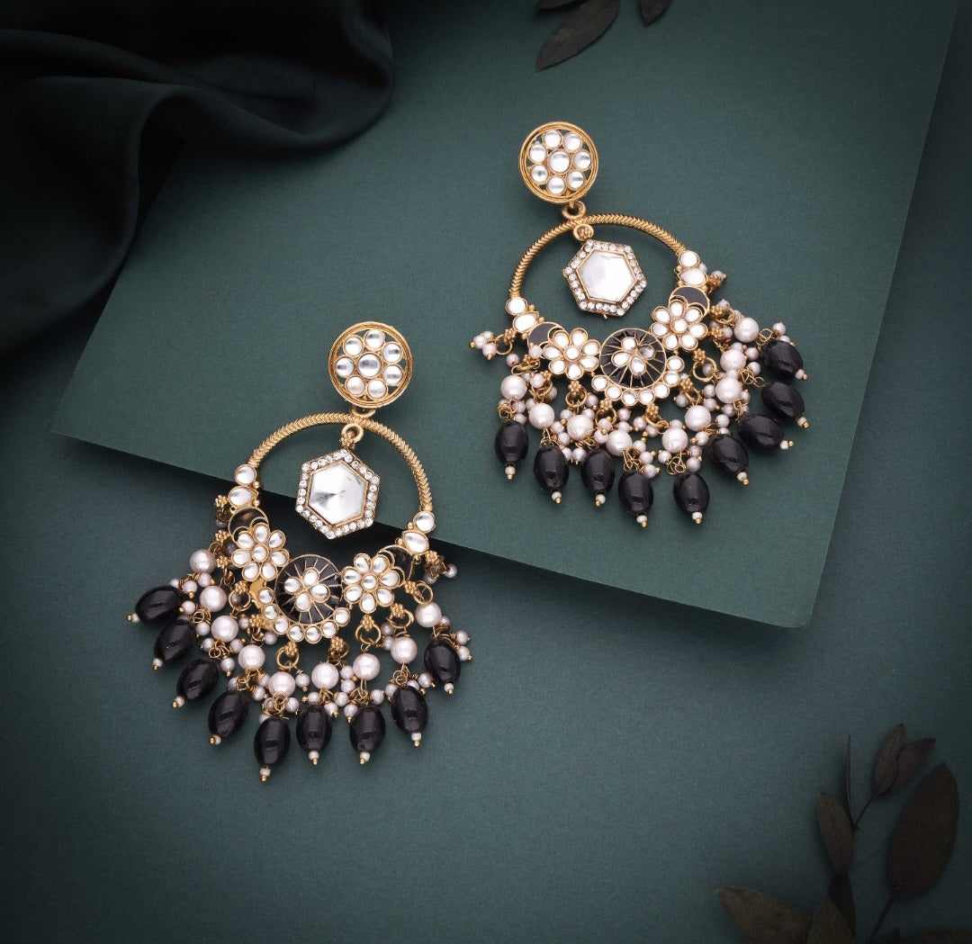 Daman : Gold Plated Kundan Drop Earrings - Black