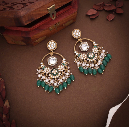 Daman : Gold Plated Kundan Drop Earrings - Green