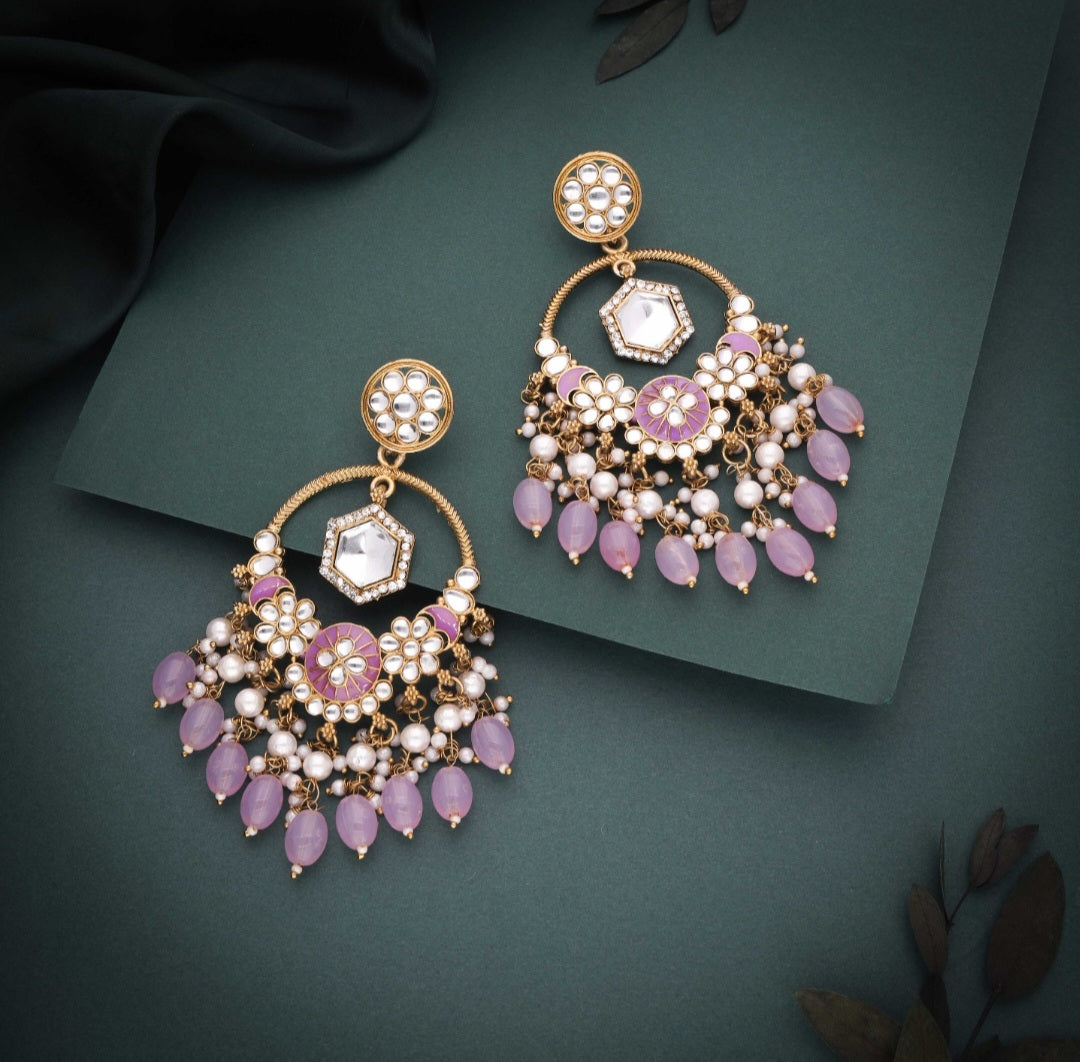Daman : Gold Plated Kundan Drop Earrings - Lavender