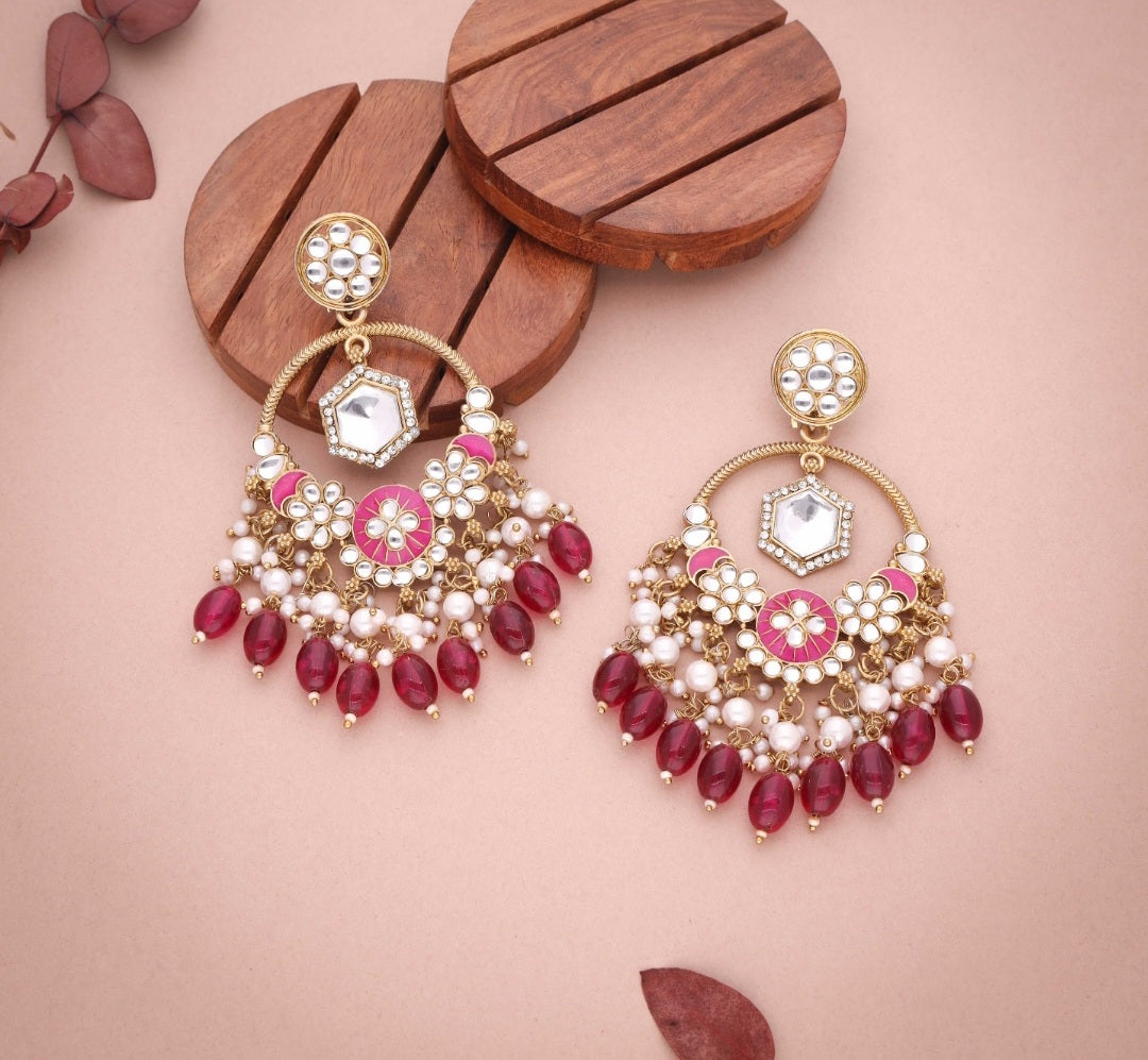 Daman : Gold Plated Kundan Drop Earrings - Red